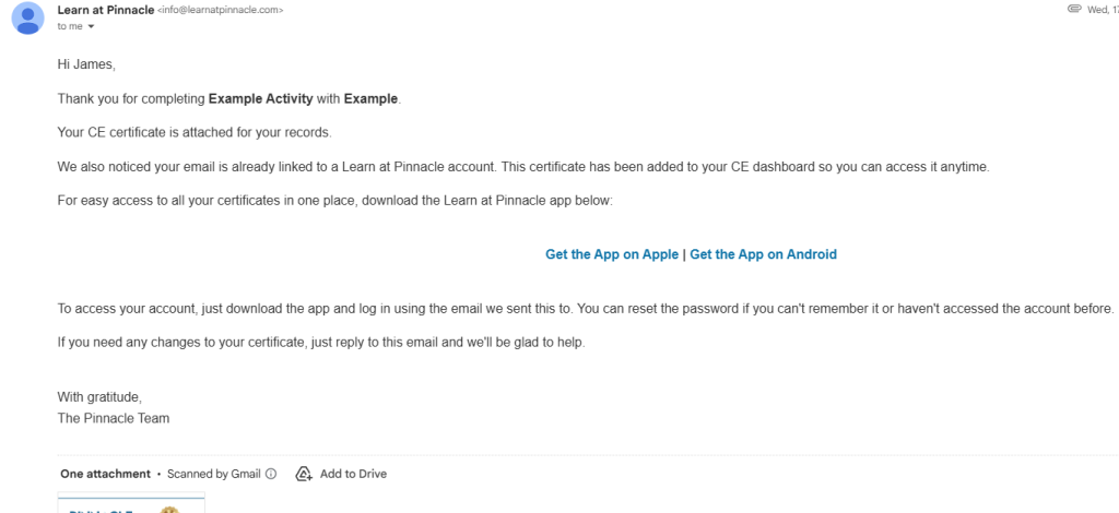 Automated certificate email with the CE certificate attached