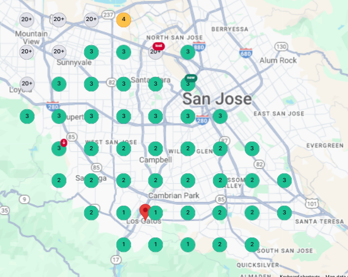 Local map pack grid showing top-three rankings across Los Gatos, San Jose and surrounding areas
